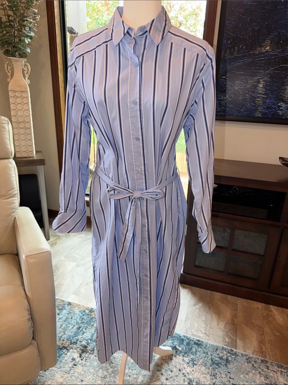 Classic Blue Stripe Shirt Dress with Tie Belt